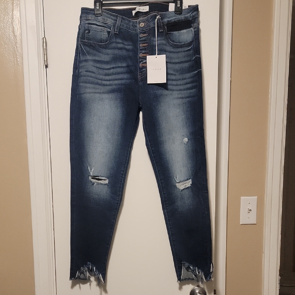 KanCan Distressed Cropped Jeans in Dark Blue
